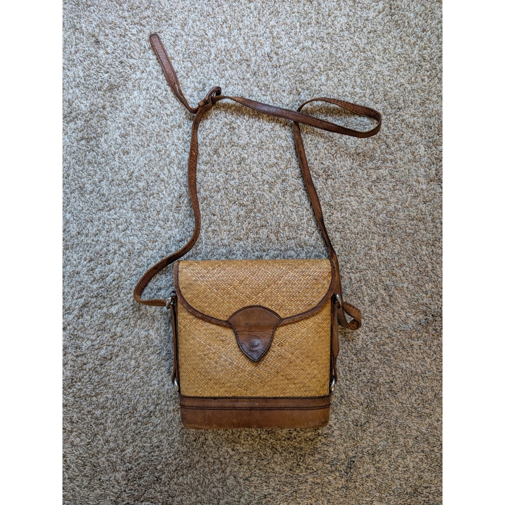 Elliot Lucca Crossbody Bag Womens Small Brown Woven Straw Leather Vintage Boho